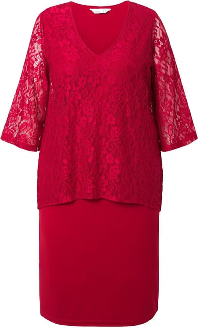 MIAMODA - Dames - Kanten jurk ondoorzichtige jersey onderjurk - Fluweelrood - Maat 42