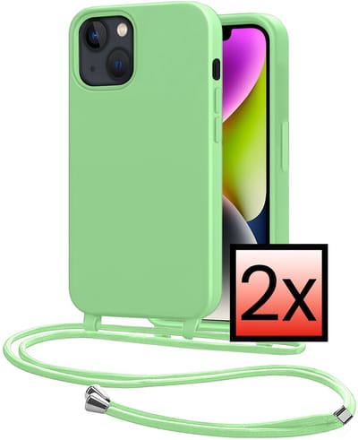 Hoes Geschikt voor iPhone 13 Mini Met Telefoonkoord - Siliconen Hoesje Backcover Met Ketting - Groen - 2 PACK