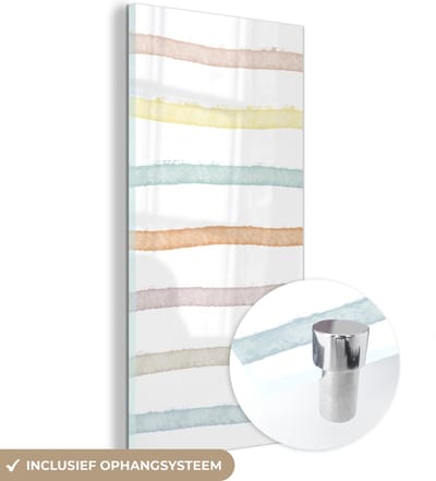 MuchoWow® Glasschilderij 60x120 cm - Schilderij acrylglas - Lijn - Pastel - Regenboog - Patronen - Foto op glas - Schilderijen