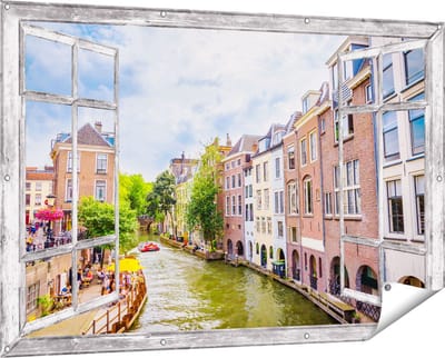 Gards Tuinposter Doorkijk Huizen aan de Oudegracht in Utrecht - 150x100 cm - Tuindoek - Tuindecoratie - Wanddecoratie buiten - Tuinschilderij