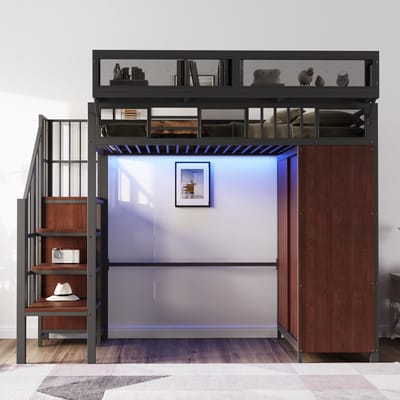 Metalen hoogslaper - 90 × 200 cm - met kledingkast, veiligheidsladder, led-verlichting en een gaasbeschermingshek met uitneembare planken - zwart