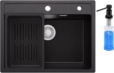 Anycee Max Granieten Spoelbakken (60x46CM) - Spoelbak Keuken Met Zeepdispenser Zwart - Wasbak Keuken Met Waterafvoersysteem en Afdruiprek