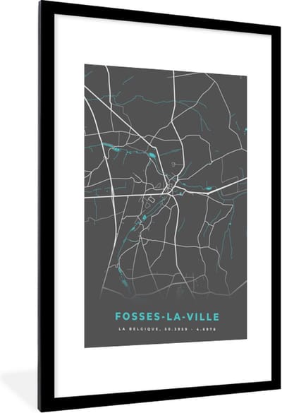Fotolijst incl. Poster - Plattegrond – Fosses la Ville – Blauw – Stadskaart - Kaart - 60x90 cm - Posterlijst