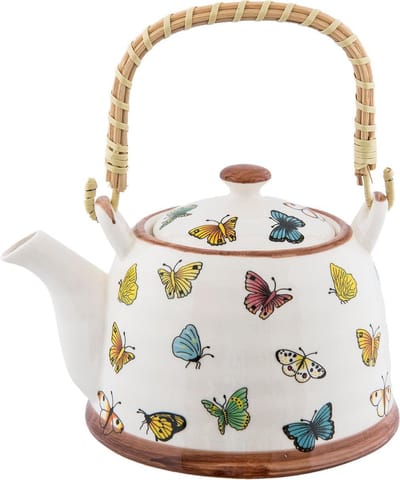 Clayre & Eef Theepot met Filter 700 ml Beige Geel Keramiek Vlinders