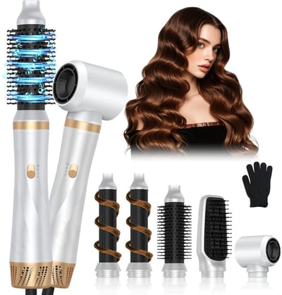 Föhnborstel 5-in-1 Air Styler Set, haardroger 1000 W, haarstyler 3 temperaturen, krultang met negatieve ionen om te drogen, verwarmende stylingborstel om te krullen, volumegevend