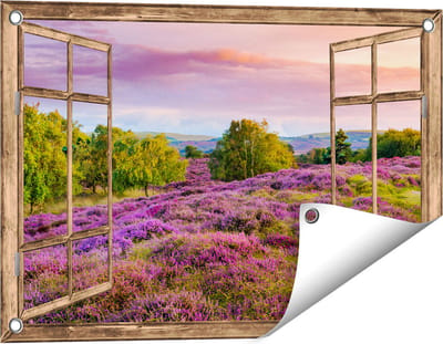 Gards Tuinposter Doorkijk Paarse Weide - 60x40 cm - Tuindoek - Tuindecoratie - Wanddecoratie buiten - Tuinschilderij