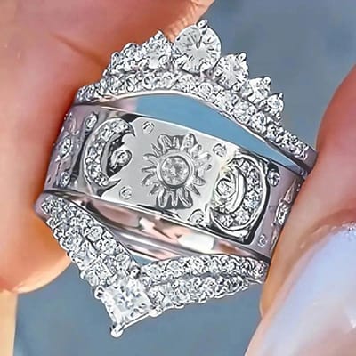 Bague Soleil et Lune en Cuivre pour Femmes 3 pcs/set Zircone Cubique AAA Couronne Bijoux de Mariage Cadeaux 7 gray