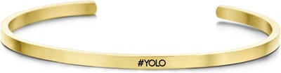 Key Moments 8KM-B00227 - Stalen open bangle met tekst - #yolo - zirkonia - one-size - goudkleurig