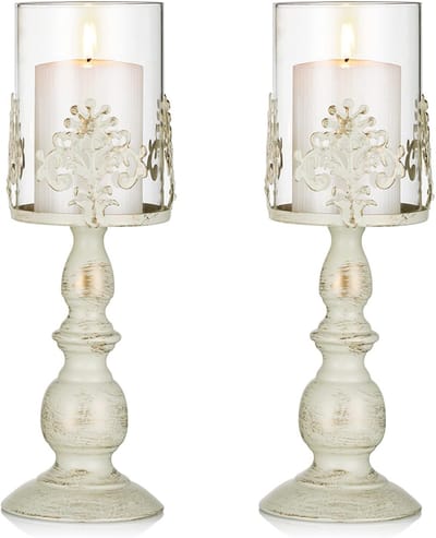 Kaarsenhouder, 2 stuks vintage kandelaars set, ijzeren hoge kandelaars, verwijderbaar glazen windlicht, bruiloftsfeestdecoratie, L+L, verweerd, ivoor