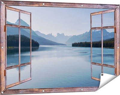Gards Tuinposter Doorkijk Meer bij de Bergen in Alberta, Canada - 120x80 cm - Tuindoek - Tuindecoratie - Wanddecoratie buiten - Tuinschilderij