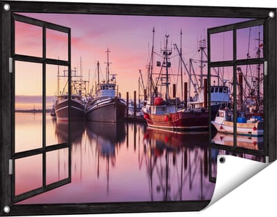 Gards Tuinposter Doorkijk Schepen in de Haven - Boten - 90x60 cm - Tuindoek - Tuindecoratie - Wanddecoratie buiten - Tuinschilderij