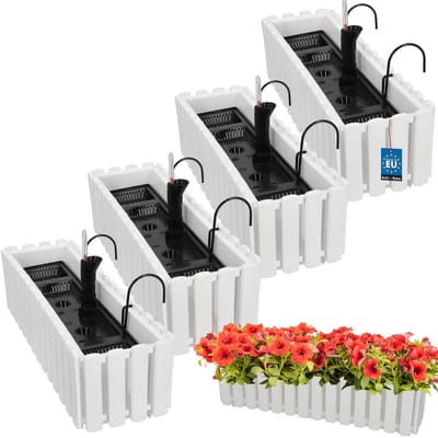 KOTARBAU® 4 st Balkonbak, Bloembak voor Balkon, Kunststof, 58 x 18 x 16 cm, Wit, Balkonbak met Houder, Zelfbewaterend Systeem, Balkon Plantenbak, Weerbestendige Plantenbak
