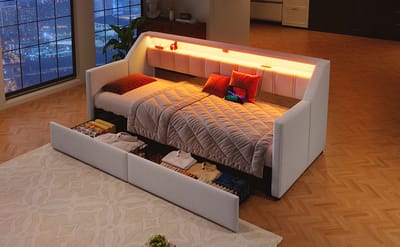 Wishdor Dagbed 90/180x200 cm – Uittrekfunctie – LED Lichtstrip – USB en Type-C – 2 Lades – Linnen – Beige