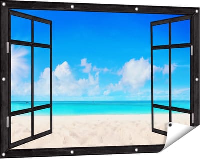 Gards Tuinposter Doorkijk Strand en Zee met Helder Witte Zand - 120x80 cm - Tuindoek - Tuindecoratie - Wanddecoratie buiten - Tuinschilderij
