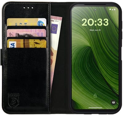 Rosso Element Geschikt voor Fairphone 6 / 6+ | Wallet Book Case | Portemonnee Hoesje | 3 Pasjes | Magneetsluiting | Stand Functie | Zwart