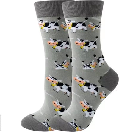 Sokken Dames - grijs - wit - zwart - leuke print koe - 36 - 40 - cadeau voor haar - geschenk vrouwen - gift