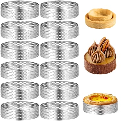 Dailygoods- Tarteletvormpjes 12 stuks - Dessertringen - Roestvrij Staal - Geperforeerde Bakvormen - Mousse/Mini-Pizza's - Optimale Luchtcirculatie