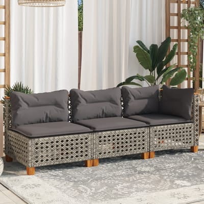 vidaXL - Tuinbank - 3-zits - met - kussens - poly - rattan - grijs