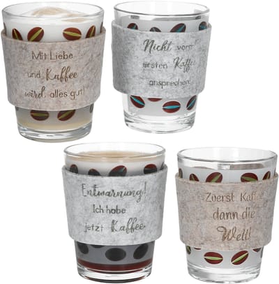 8-delige set CREMA: 4 banderollen met teksten & 4 glazen koffiemokken in blauw en groen - 1x 2051730, 2x 0806229 & 2x 0806175