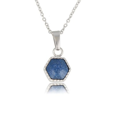 My Bendel - Zilverkleurige Ketting met Blue Aventurine Zeshoek Hanger - met Luxe Cadeauverpakking | Sieraden Voor Dames