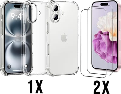 Casemania Hoesje Geschikt voor Apple iPhone 16 Plus - Transparant - Anti Shock Back Cover / 2x Glazen Screenprotector