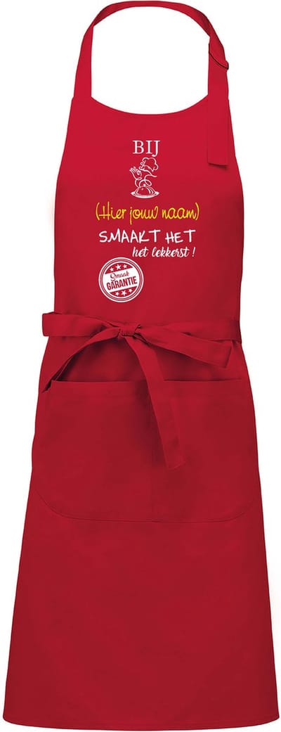 Naamcadeau - Naamschort - Keukenschort met naam - BBQ schort - verjaardag - Vaderdag - Het smaakt het lekkerst bij: Jongens NAAM naar keuze -rood