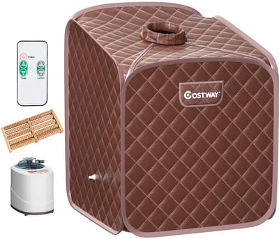 COSTWAY Mini-stoomsauna, 2l, warmtecabine met verstuivingsfunctie, timer, 9 temperatuurniveaus, zitsauna inclusief afstandsbediening, stoel, saunakabine, 85 x 84 x 106 cm (bruin)