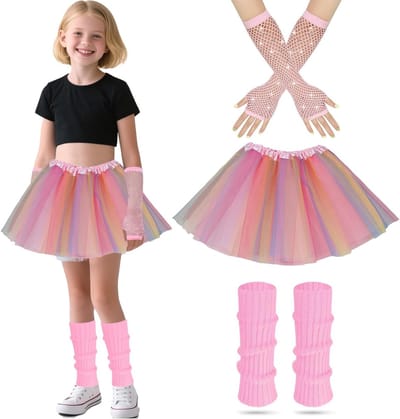 80s Kostuum voor Meisjes met Neon Beenwarmers, Visnet Handschoenen en Tutu Jurk voor Themafeesten