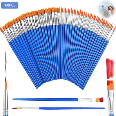 160 stuks - Kwasten - Fijne kwasten - Kwasten - Olieverfpenselen - Contourkwasten - Aquarelkwasten - Platte en ronde kwasten - Geschikt voor aquarel, olieverf en gouache - Ideaal voor mensfiguren gezichten en decoraties