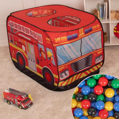Selonis Brandweer Speeltent Pop Up 100 Ballen - Kindertent Ballenbak - Speelgoed Binnen Buiten - Rood: Zwart Geel Blauw Rood Groen