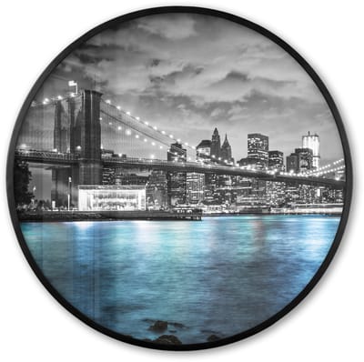 Poster in lijst Rond - Fotolijst 60x60 cm - Posters - New York - Skyline - Stad - Blauw - Ronde posterlijst zwart - Decoratie - Wanddecoratie woonkamer - Muurdecoratie slaapkamer