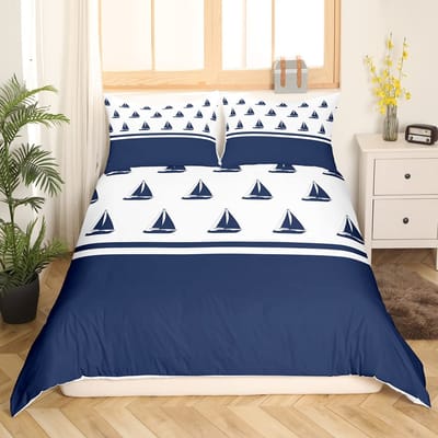 Nautisch Zeilboot King Queen Dekbedovertrek Kust Zeilboot Beddengoed Set Zeeavontuur Dekbedovertrek Polyester Dekbedovertrek 200x230cm 3pcs
