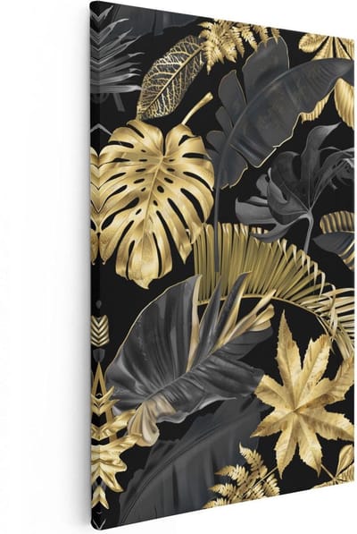 Artaza Canvas Schilderij Botanisch Bladeren - 80x120 cm - Groot - Wanddecoratie Jungle - Muurdecoratie Botanisch - Schilderijen Op Canvas Goud Zwart