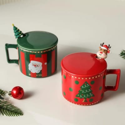 Mok in Scandinavische kerststijl Kerstbeker Leuke keramische beker met deksel Lepel Koffiekopje Cadeau Souvenir 330ML red