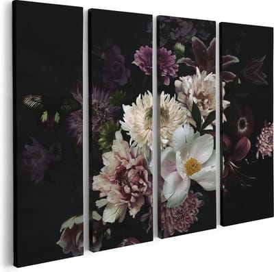 Artaza Canvas Schilderij Vierluik Diverse Bloemen Op Zwart Achtergrond - 80x60 - Foto Op Canvas - Canvas Print