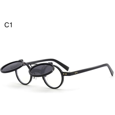 Lunettes de soleil Steampunk Vintage Populaires à rabat Lunettes de soleil Rétro Rivets Petite forme ronde Lunettes de soleil Double couche Lentille à rabat Protection UV 400 Lunettes Punk black