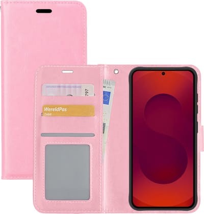 Hoesje - Met Pasjeshouder - Geschikt voor Samsung Galaxy S25 Plus - Luxe Bookcase Portemonee - Flip Case - Kunstleer Book Case - Flipcase - Book Cover - Walletcase - Portemonneehoes - Lichtroze