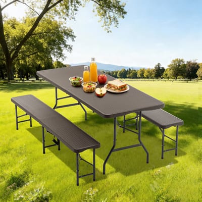 Picknicktafel - Inklapbare Tuintafel met 2 Banken - 3-delige Campingset - HDPE Tafelblad met Houtnerf - Weerbestendig & UV-bestendig - Bruin