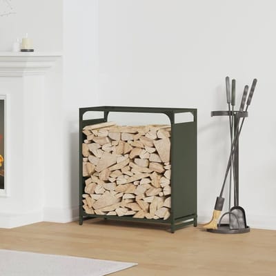 Houtrek - Houtopslag standaard - Open haard bijvullen - Robuust koudgewalst staal - 60 x 28 x 65 cm - Olijfgroen