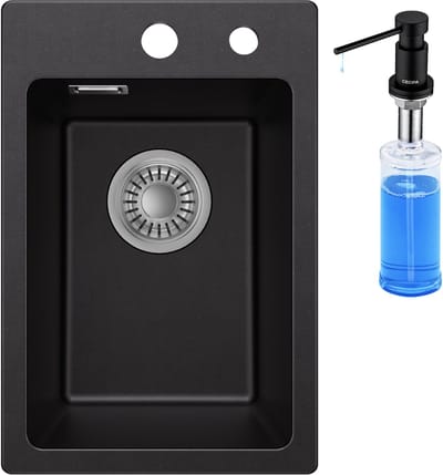 CECIPA max Spoelbak voor keuken 30x45cm - Granieten Spoelbakken Zwart - Enkele spoelbak Met Zeepdispenser 300ML - Wasbak met waterafvoersysteem