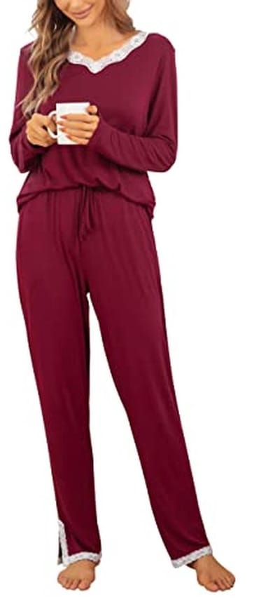 Dames pyjama set V-hals lange mouwen met trekkoord en zakken