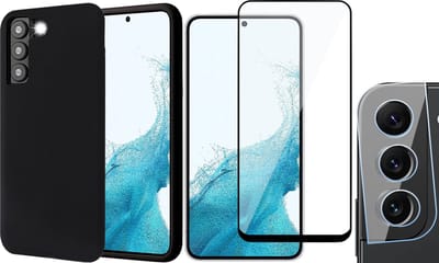 Hoesje geschikt voor Samsung Galaxy S22 - Matte Back Cover Microvezel Siliconen Case Hoes Zwart - Full Tempered Glass Screenprotector - Camera Lens Protector