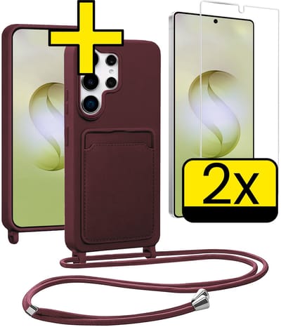 Hoesje Geschikt voor Samsung S26 Ultra Hoesje Met Koord Met 2x Screenprotector Siliconen Case - Hoes Geschikt voor Samsung Galaxy S26 Ultra Backcover Met Afneembaar Koord - Aubergine
