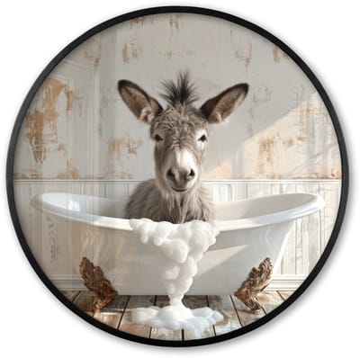 Poster in lijst Rond - Fotolijst 60x60 cm - Posters - Ezel - Dieren - Badkuip - Schuim - Ronde posterlijst zwart - Decoratie - Wanddecoratie woonkamer - Muurdecoratie slaapkamer