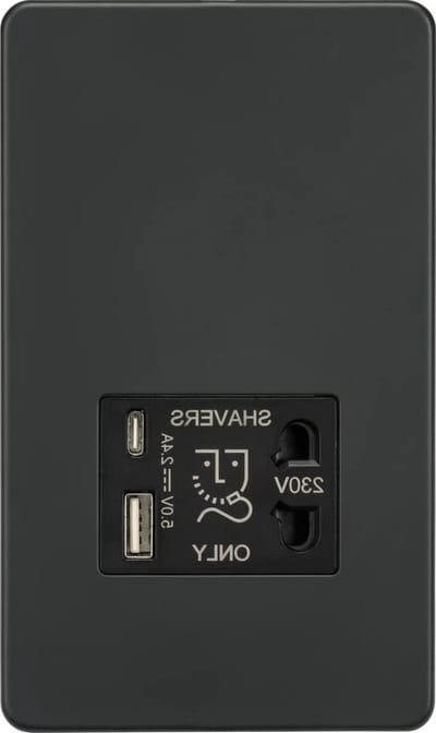 Scheerapparaat Socket - Stopcontact met USB - Badkamer Opladen - Schroefloos Ontwerp - 4.3mm Profiel - Antraciet