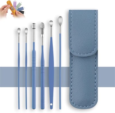 Ear Pick - Oorreiniging - 6-delige Ear Pick reinigingsset (met PU-leren etui) - Professioneel oorsmeer reinigingsgereedschap - Blauw