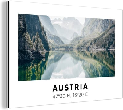 Wanddecoratie Metaal - Aluminium Schilderij Industrieel - Oostenrijk - Alpen - Water - Berg - 180x120 cm - Dibond - Foto op aluminium - Industriële muurdecoratie - Voor de woonkamer/slaapkamer