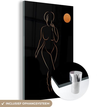 MuchoWow® Glasschilderij 40x60 cm - Schilderij acrylglas - Vrouw - Maan - Black and gold - Line art - Foto op glas - Schilderijen