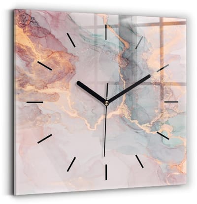 Wallfluent Wandklok - Marmertextuur Klok met Print - 30 cm x 30 cm - Veelkleurig Wandklok - Zwarte Handen - Wandklok Zonder Cijfers - Stille Wandklok Slaapkamer - Vierkante Glas Klok - Minimalistisch Wandklok - Klok met Afbeelding