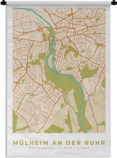 Wandkleed - Wanddoek - Vintage - Mülheim an der Ruhr - Kaart - Plattegrond - Stadskaart - 120x180 cm - Wandtapijt
